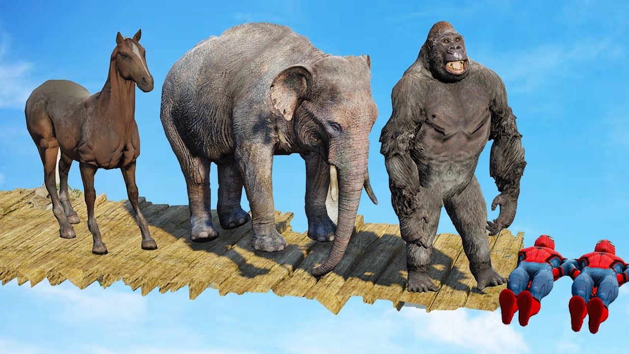 GTA 5 Crazy Animals Gorilla VS Horse ride on Spiderman and Hulk bridge (Funny Moments)