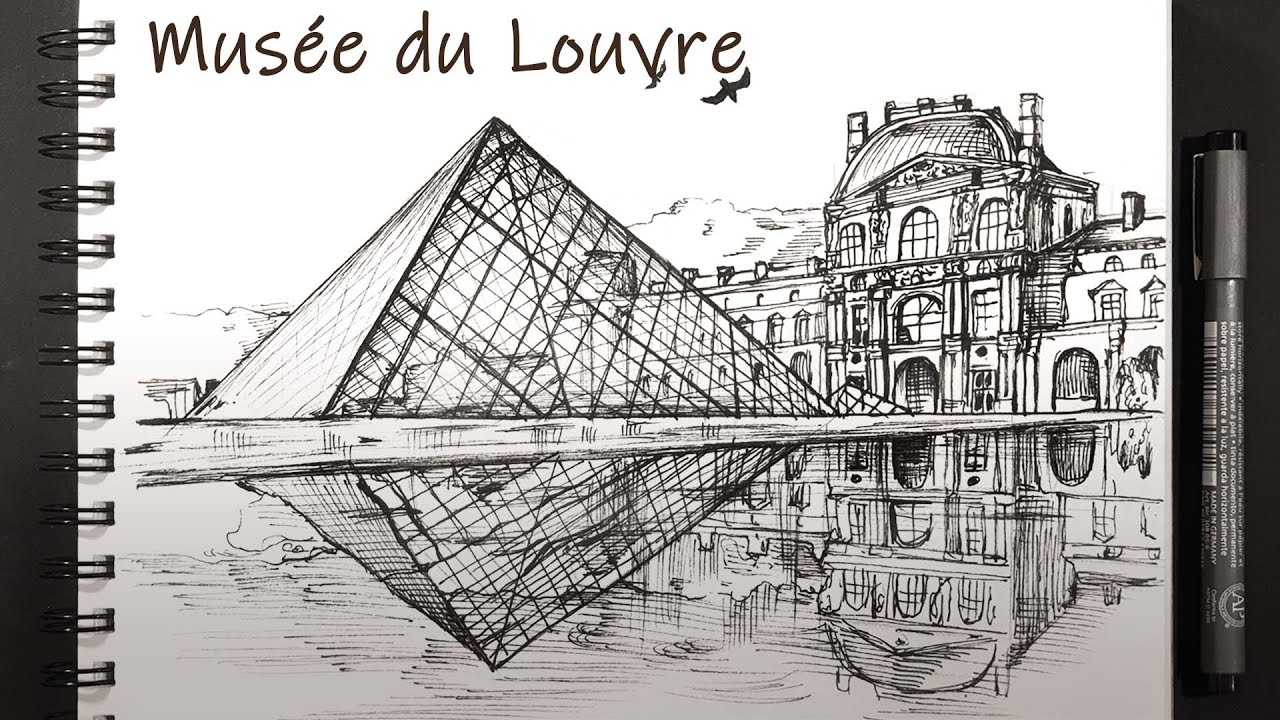 How to draw Musée du Louvre - pen drawing