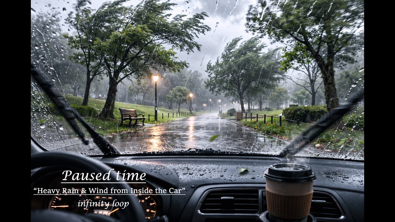 Infinity loop paused time-Stormy Rain Drive 🌧️ 🌪️ Windy Park View | Relaxing Car Rain Sounds(6hrs)