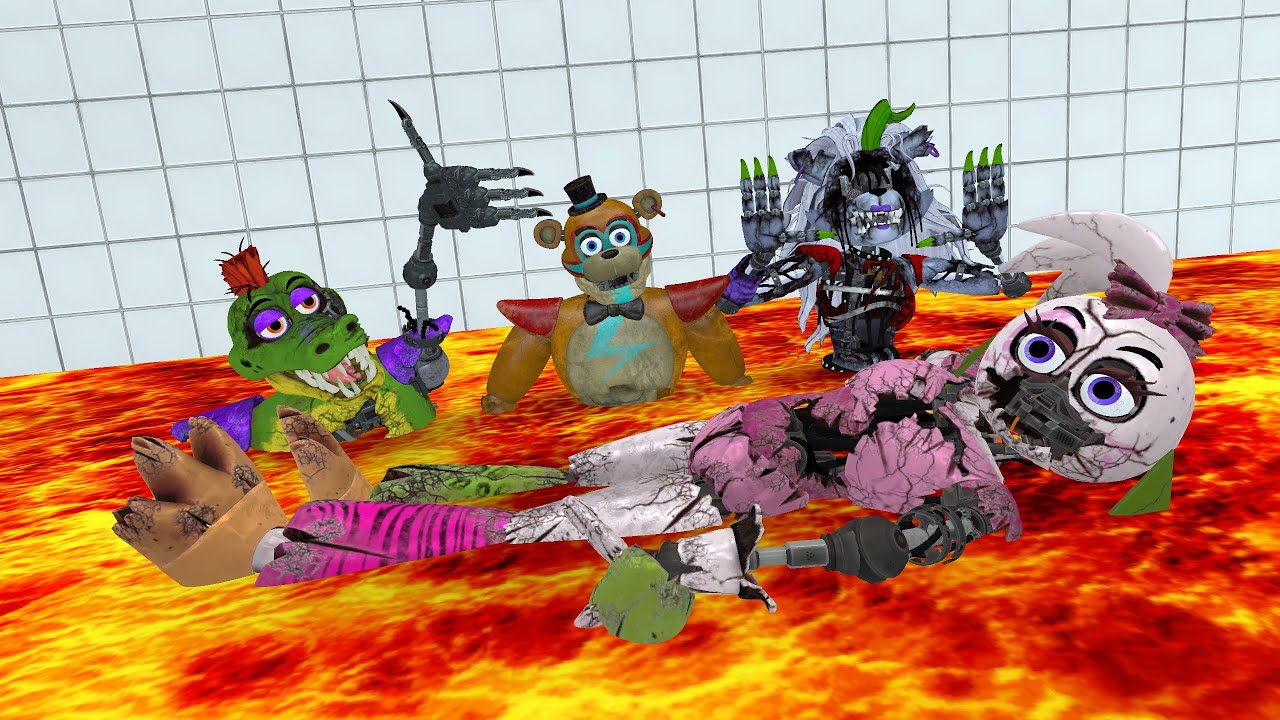BURNING ALL FNAF Security Breach ANIMATRONICS IN LAVA ON GMOD!