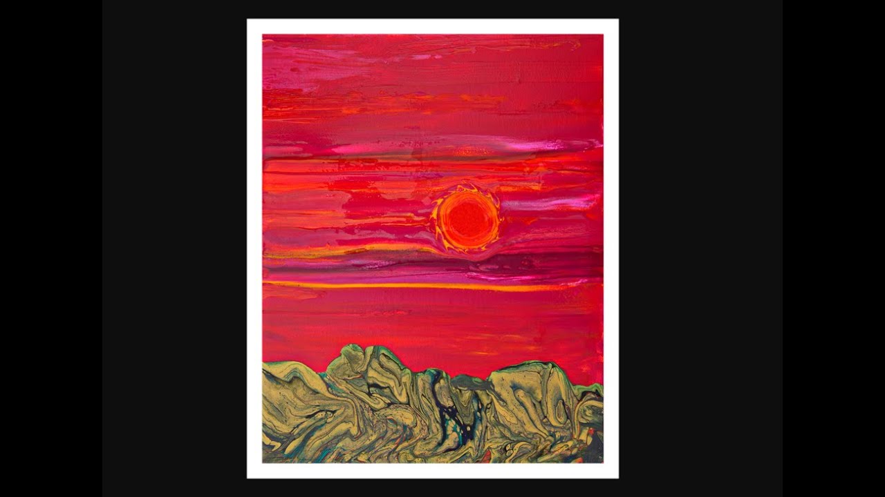 Red Sky Fireball Sun Tilted Rocky Desert Landscape Fluid Acrylic Poured Artwork#6434 -12.20.19
