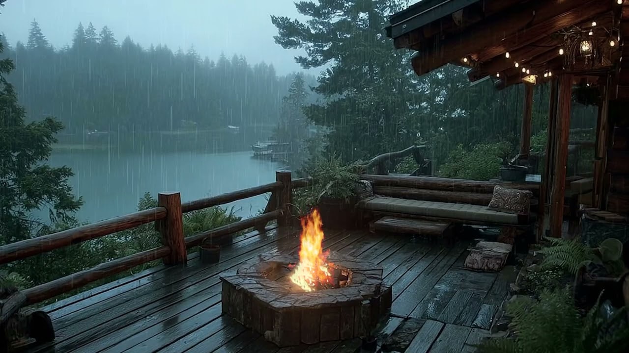 Rainy Lake Balcony with Crackling Fireplace 🌧🔥 No Ads Sleep Better & Deep Relaxation
