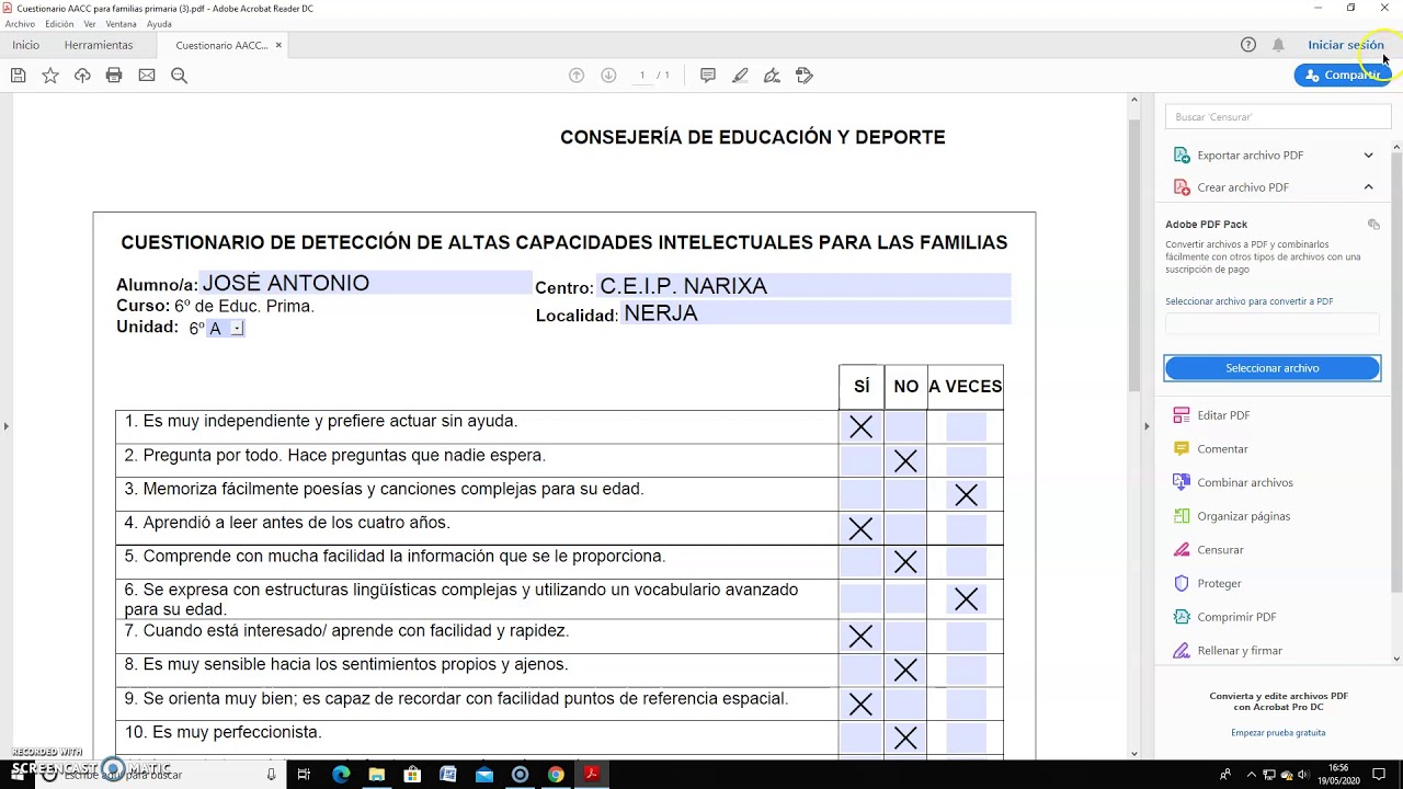 TUTORIAL CUMPLIMENTACIÓN CUESTIONARIO ALUMNADO ALTAS CAPACIDADES INTELECTUALES FAMILIA