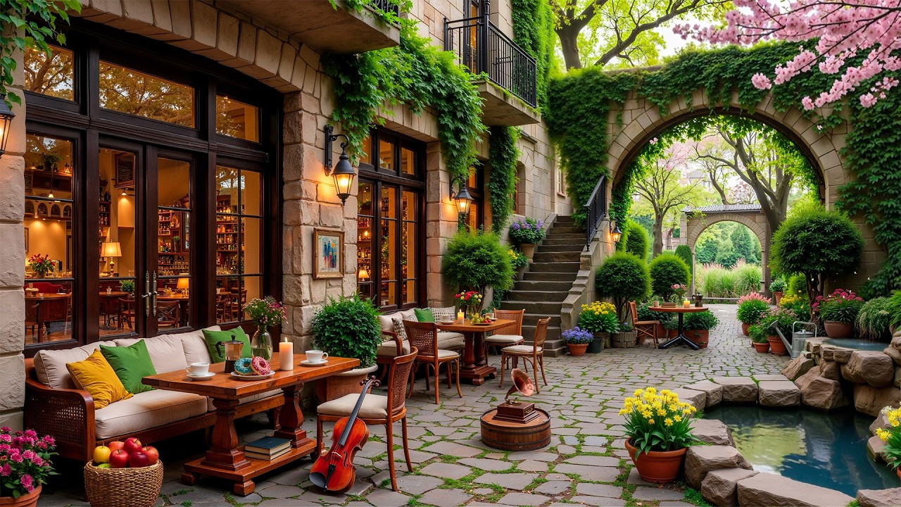 Relaxing Spring Jazz in a Charming Courtyard Caf&eacute; 🌷 Smooth Music for Focus, Work, Study