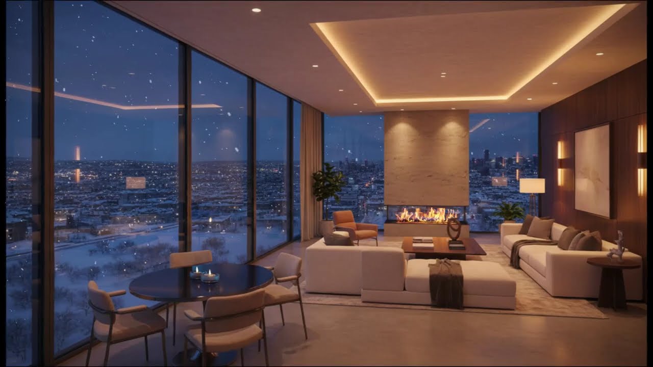 Cozy Winter Night in a Luxury Apartment ❄️ Snow & Fireplace Ambience❄️ Relaxing Scene 2 Hours