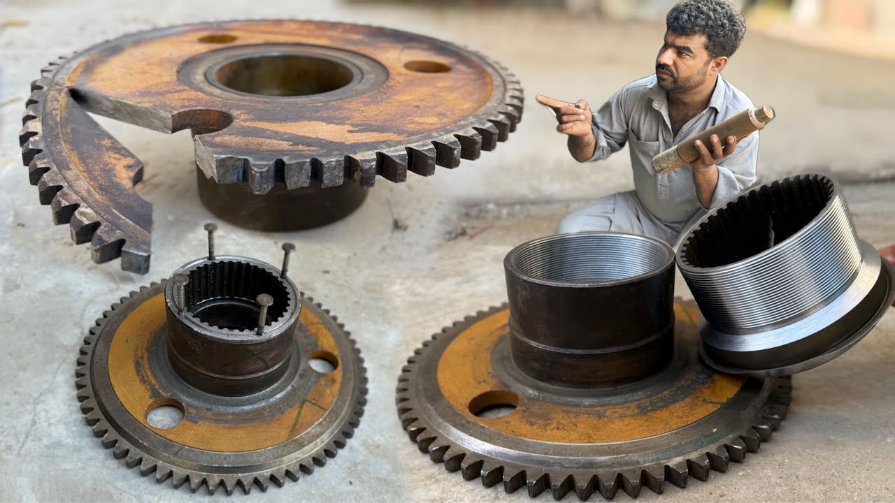A Broken Excavator Wheel Hub is Being Repaired using a New Replacement Technique