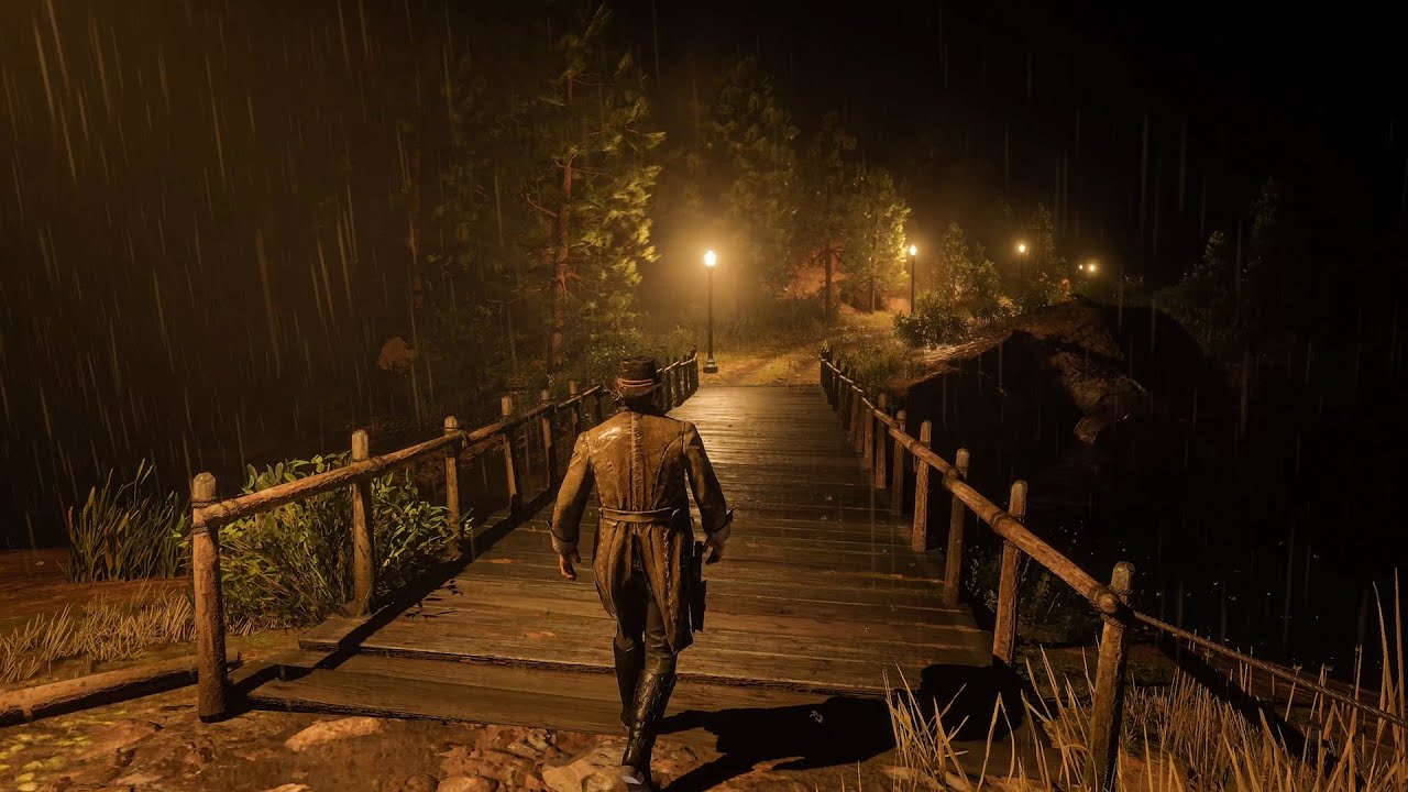 Nighttime Rain & Thunderstorm Walk as Arthur Morgan | Relaxing ASMR Ambience | Red Dead Redemption 2