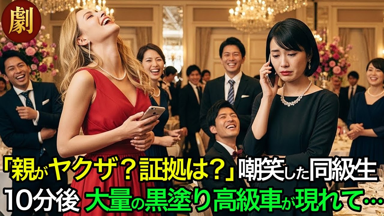 「親がヤクザ？絶対嘘じゃんw」同窓会で嘲笑するいじめっ子…10分後、大量の黒塗りの高級車が現れ、泣きながら跪くことに…
