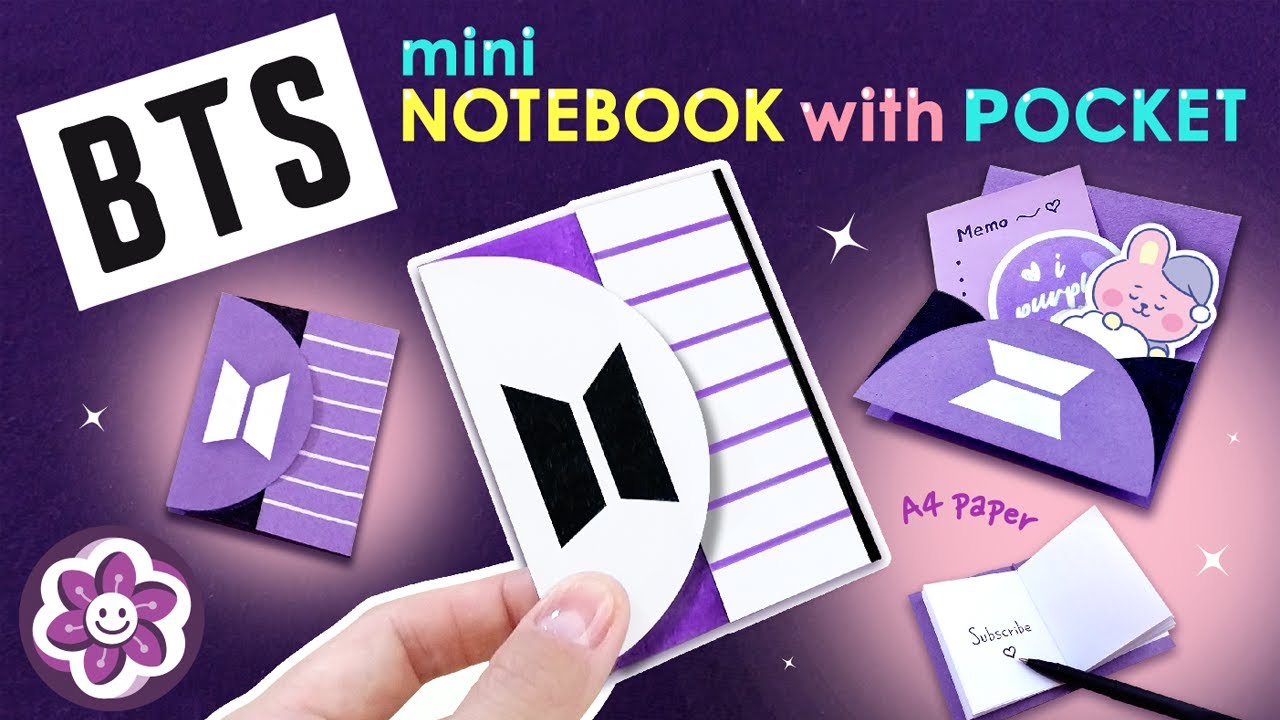 💜 DIY BTS mini Notebook with Pocket | A4 paper Craft Ideas | BTS School Supplies | BTS DIY 미니포켓미니노트