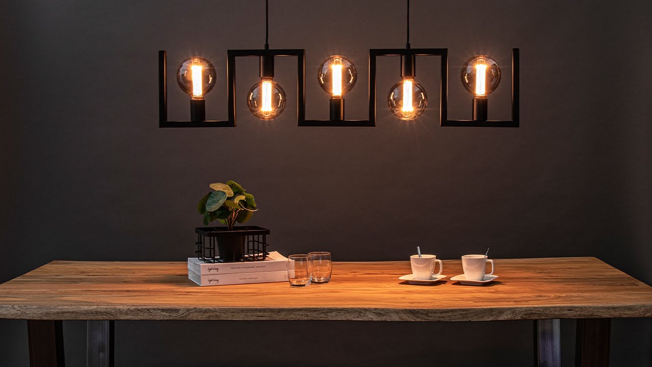 Metalen eettafel hanglamp zwart frame 5 lichts | Straluma 12480086
