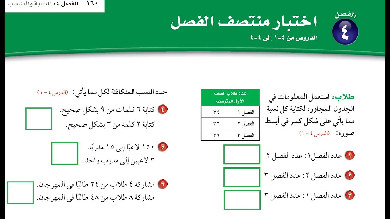 اختبارمنتصف القصل 4 اول متوسط صفحة 160