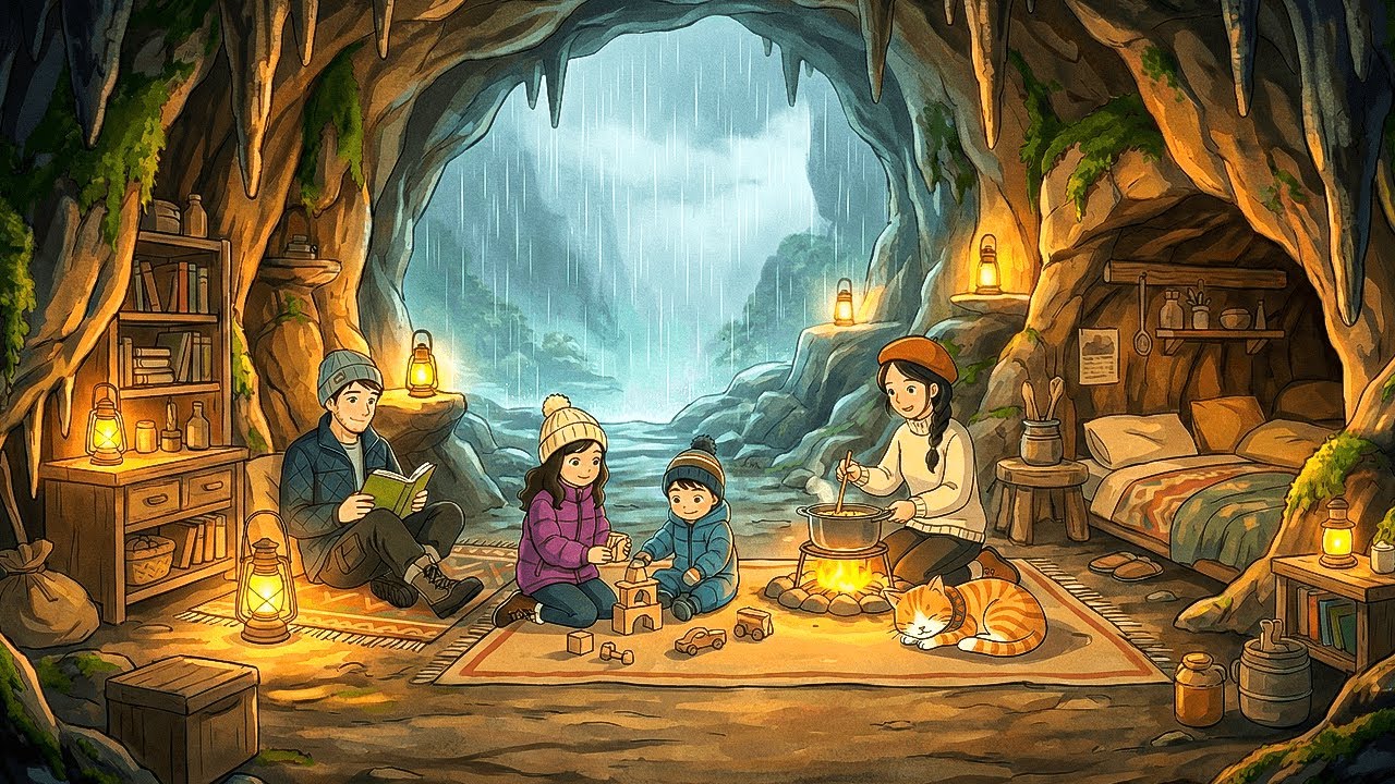Cozy Mountain Cave Home in the Rain | Quiet Family Routine | Ghibli-Style Video 4K