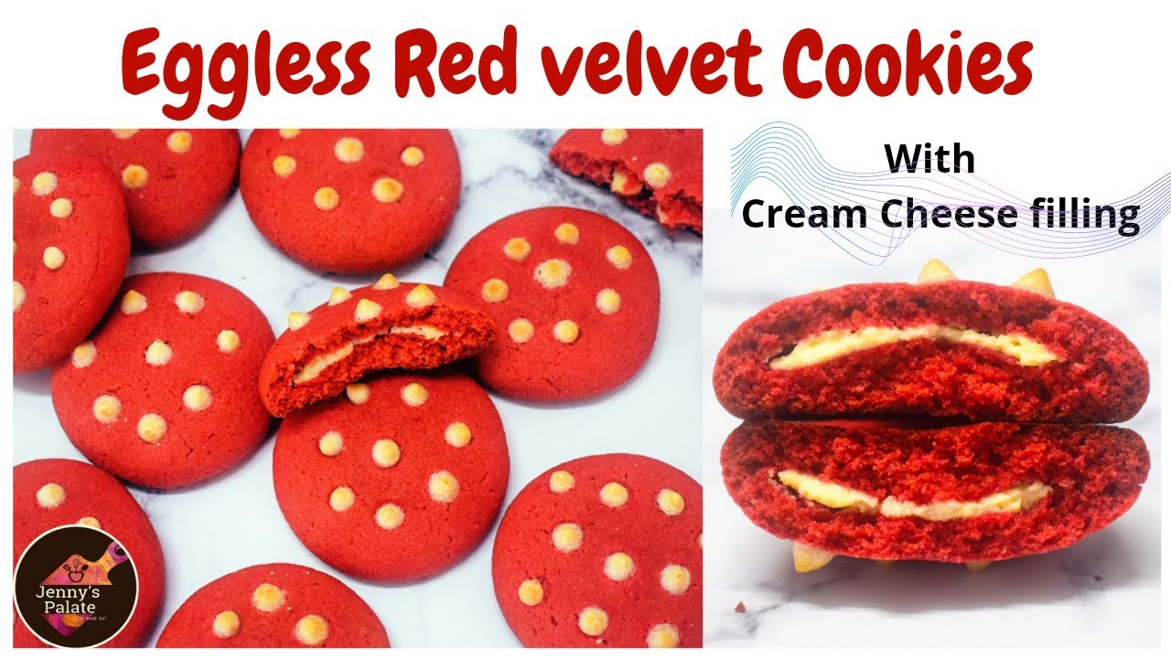 Eggless Red Velvet Cookies with Cream Cheese filling | Whole Wheat Red Velvet Cookies Without oven