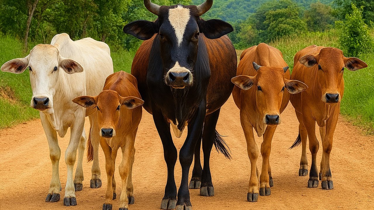 Aktivitas puluhan sapi yang berada di jalanan, Suara sapi Moo, Kawanan sapi lucu di ladang hijau