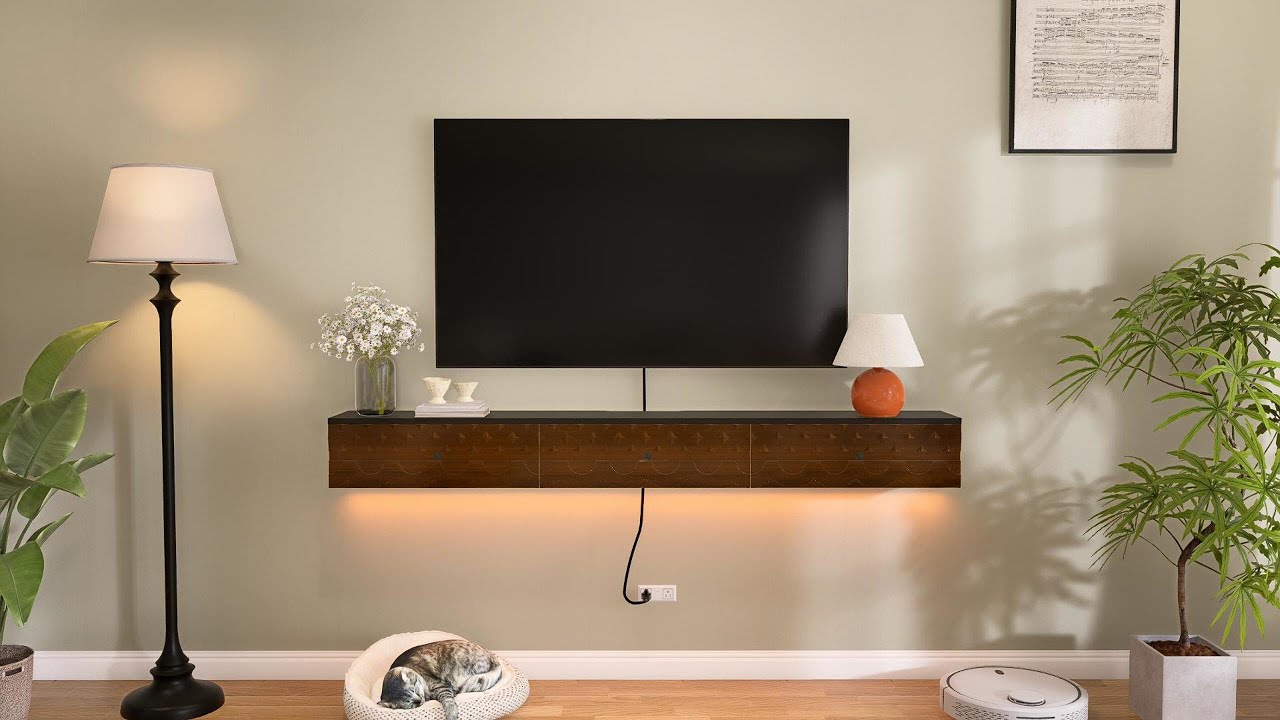 Vintage Walnut Wall Mounted TV Cabinet | Solid Wood Veneer Floating TV Stand with Storage