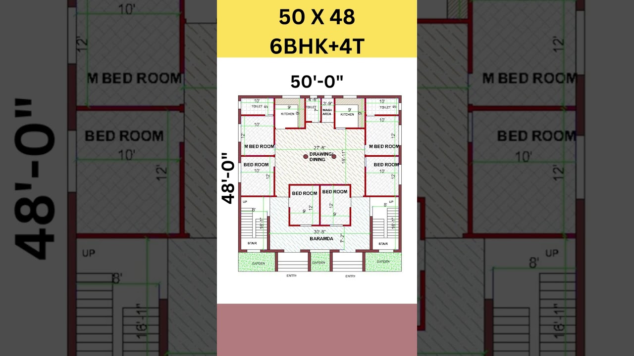 51X49 house plan design with 6 bed room, 50 by 49 ghar ka naksha, 50*49 #shorts #homeplan #house
