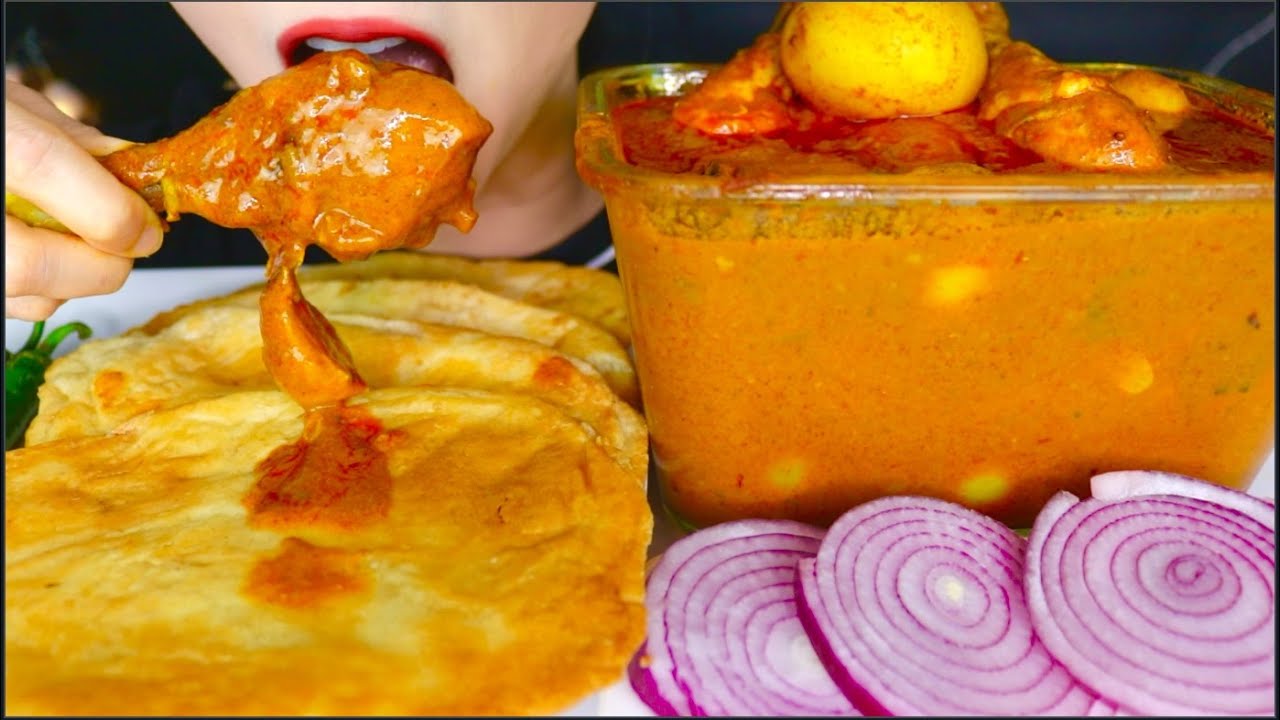 ASMR SPICY CHICKEN POTATO CURRY , CRISPY ROTI FLATBREAD, BLUEBERRY SMOOTHIE, ONION 咀嚼音 | 먹방