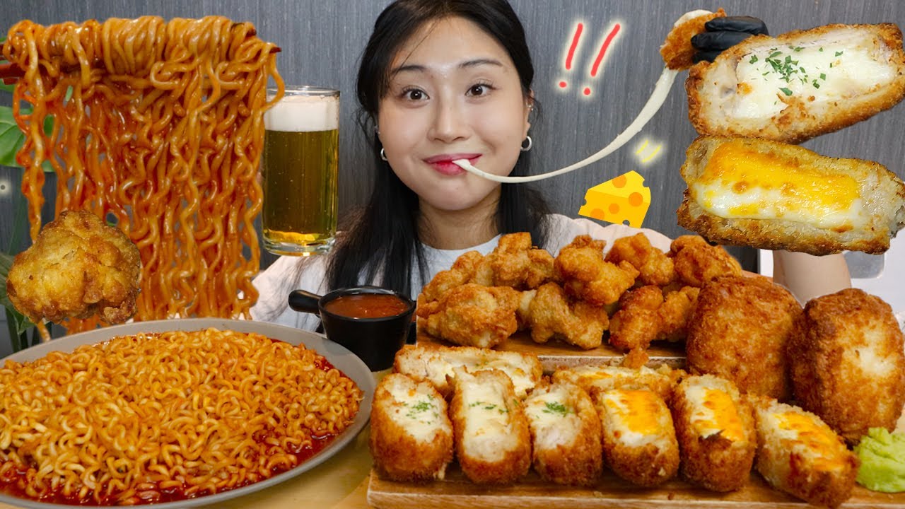 MUKBANG) 인생 치즈 돈까스🧀 순살치킨 불닭볶음면 맥주 안주 먹방🍺 Cheese pork cutlet with buldak noodles asmr eating