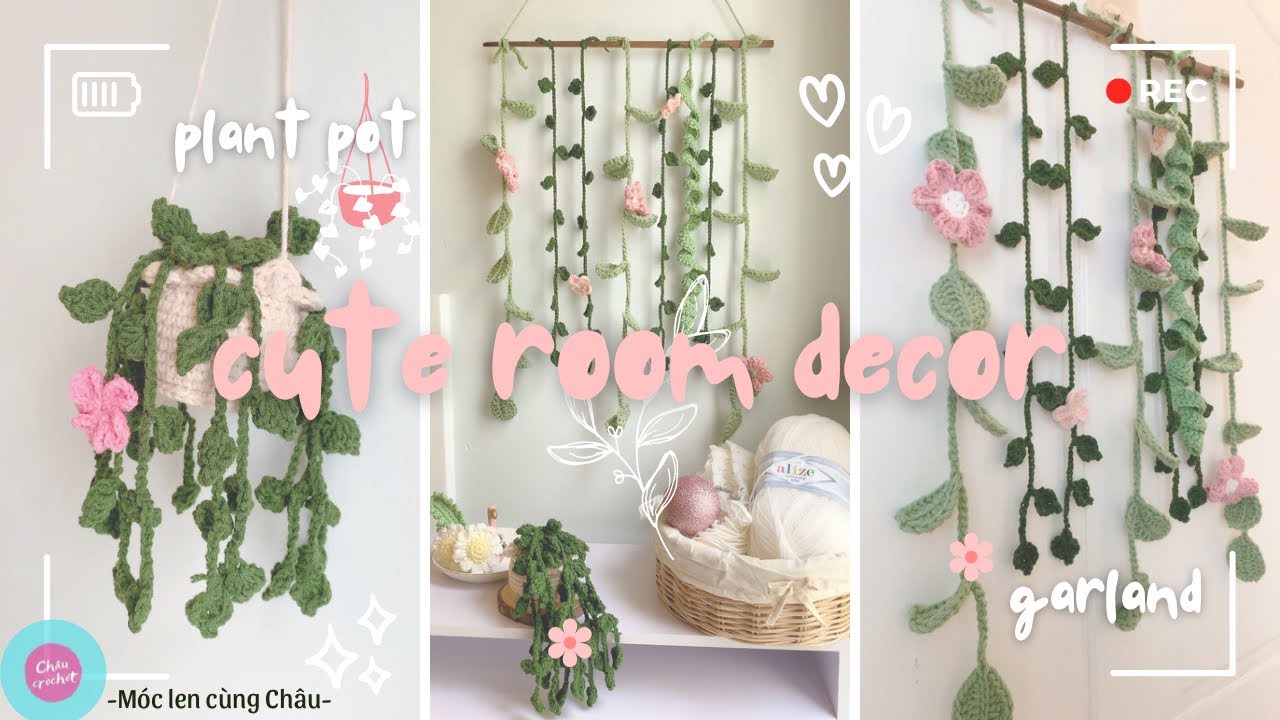 cute&easy crochet: garland & hanging plant pot| hướng dẫn móc dây hoa lá và chậu treo trang trí #106
