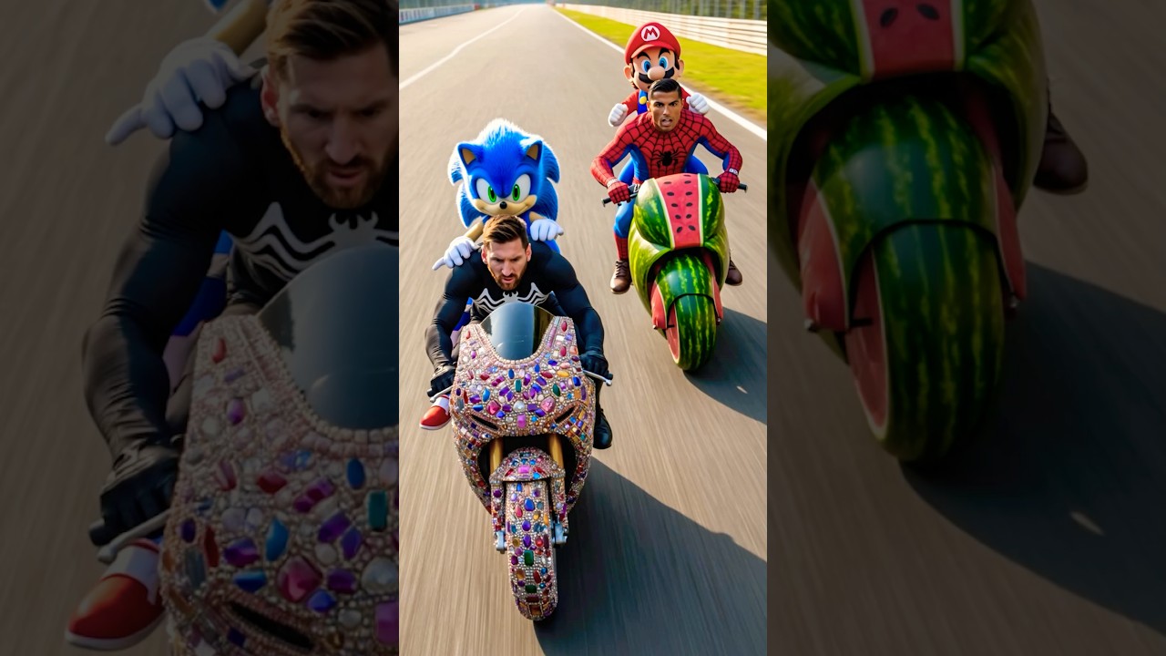 Ronaldo Spiderman, Mario and Messi Venom, Sonic racing Z1000 motorbike 