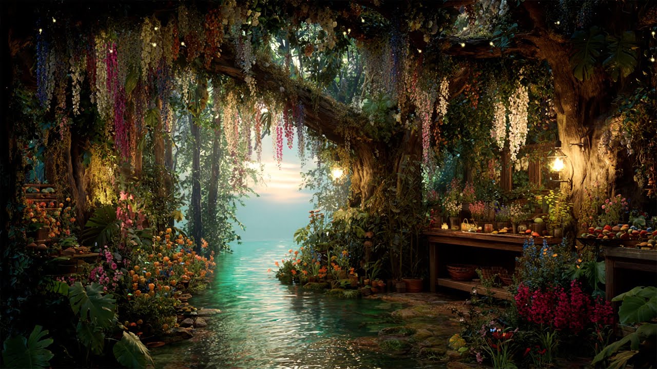 Mytery Exotic Plants Garden at Sunset — Magical Fantasy Ambience for Relaxation & Reflection