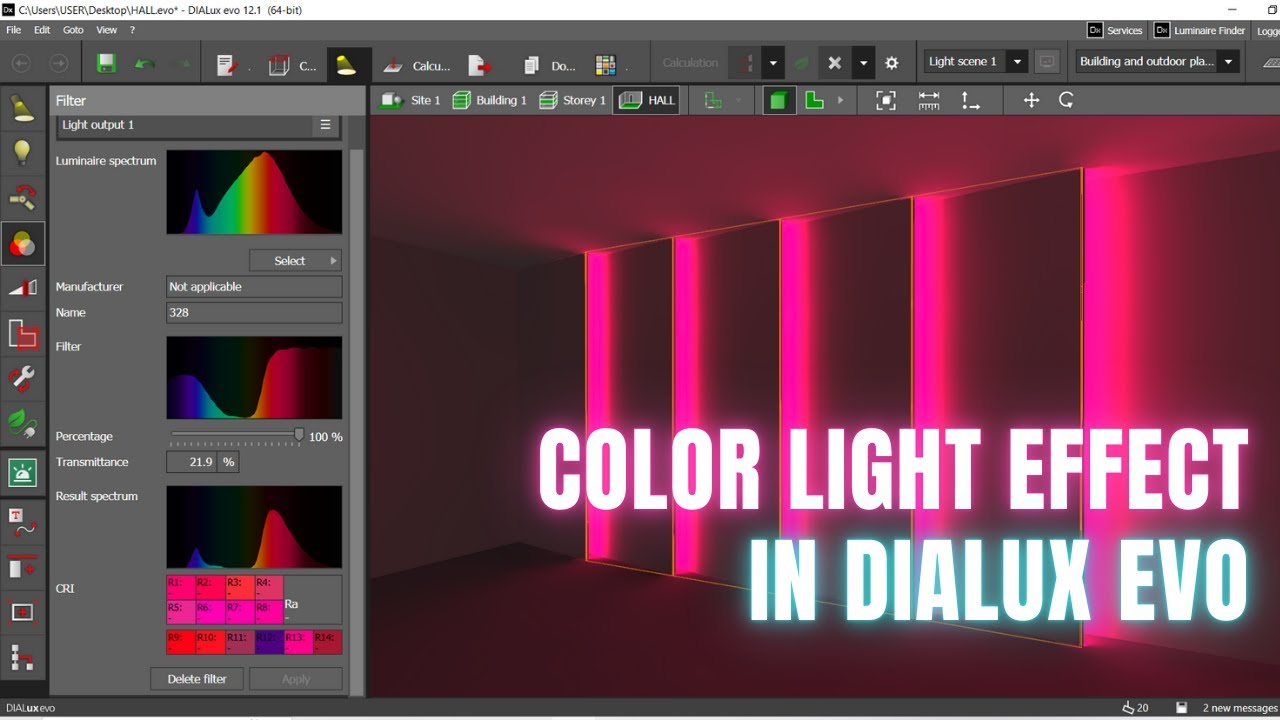 Цветовые световые эффекты в Dialux Evo: переключение RGB и цветовые фильтры