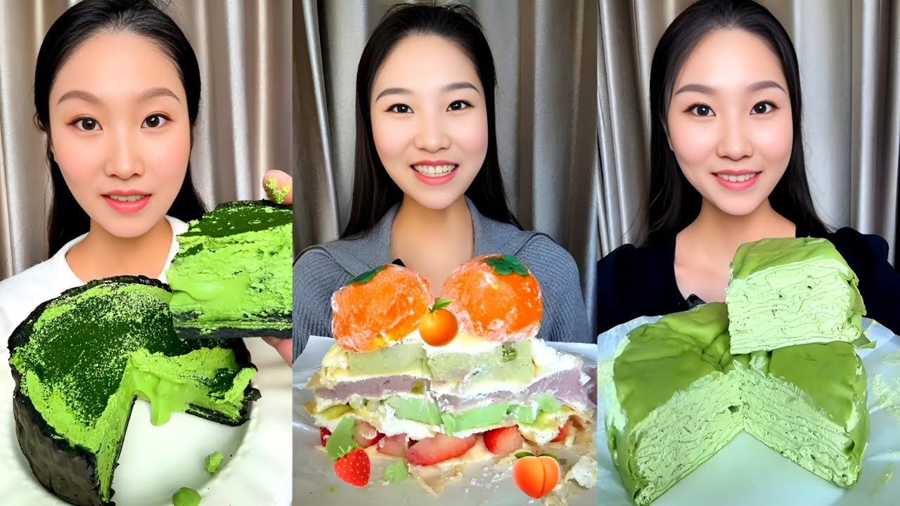 ASMR Matcha Crepe Cake & Fruity Cream Layers 🍵🍓 Super Satisfying Eating Sounds | No Talking