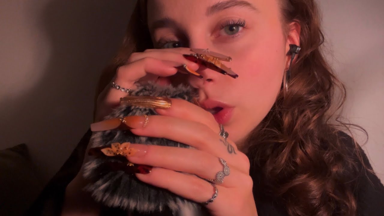 ASMR cupped inaudible whispering (mouth sounds, nail tapping, fluffy mic)