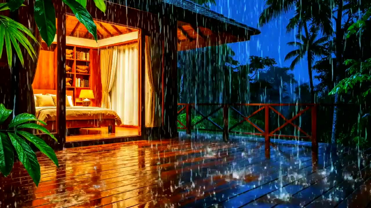 Tropical Heavy Rain at a Cozy Cabin 🌧️🌙 Relaxing Jungle Rain for Sleep & Focus