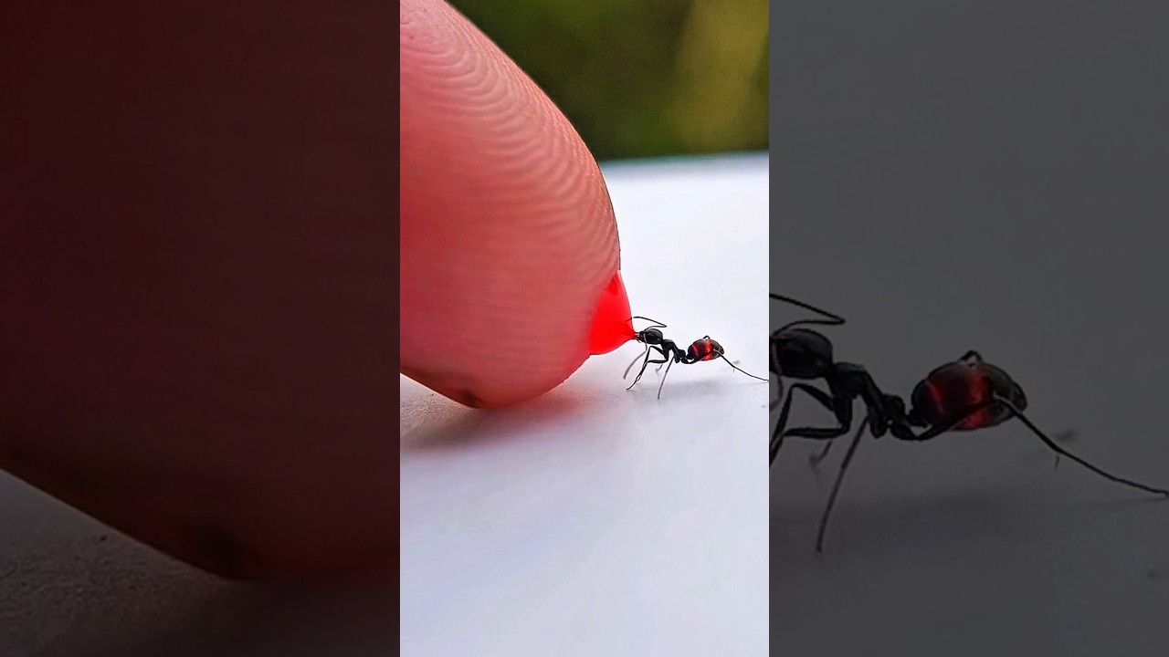 Sharing red liquid sugar with black ants using an index finger #timelapse #insects #shorts