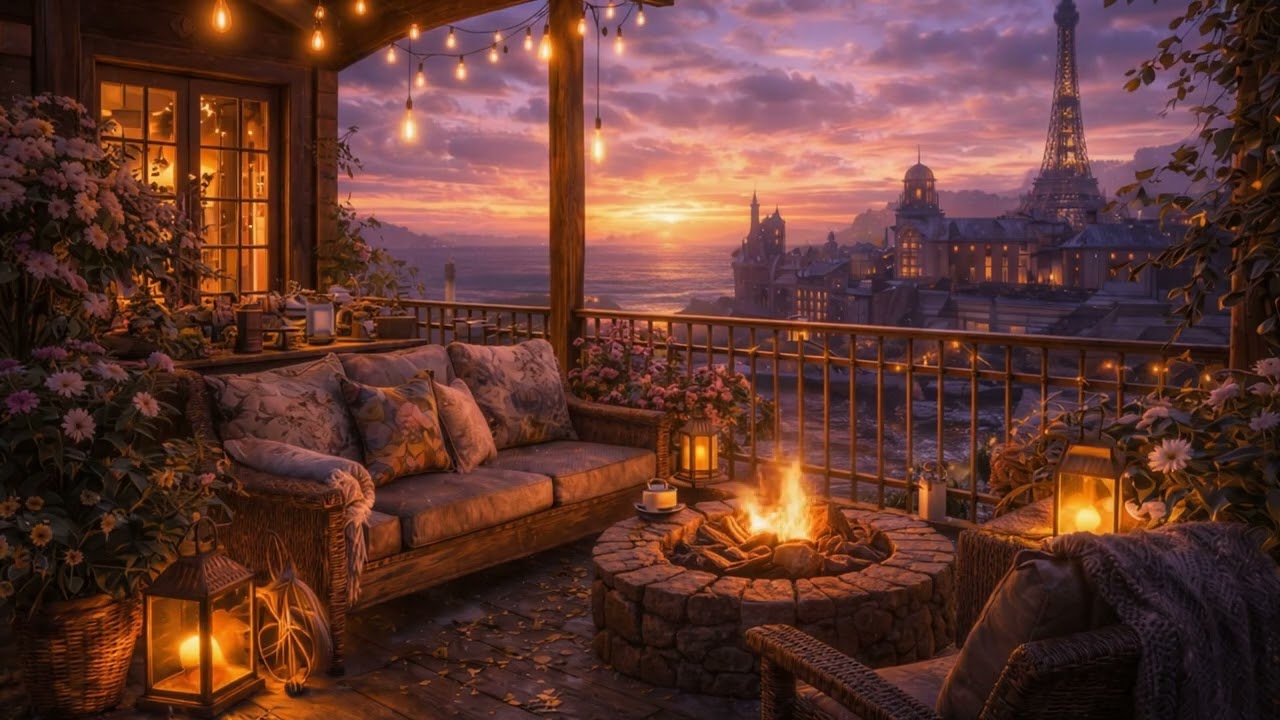 Cozy Sunset Lounge 🌅🔥 Fireplace & Warm Lights Evening Ambience – Relaxing Screensaver