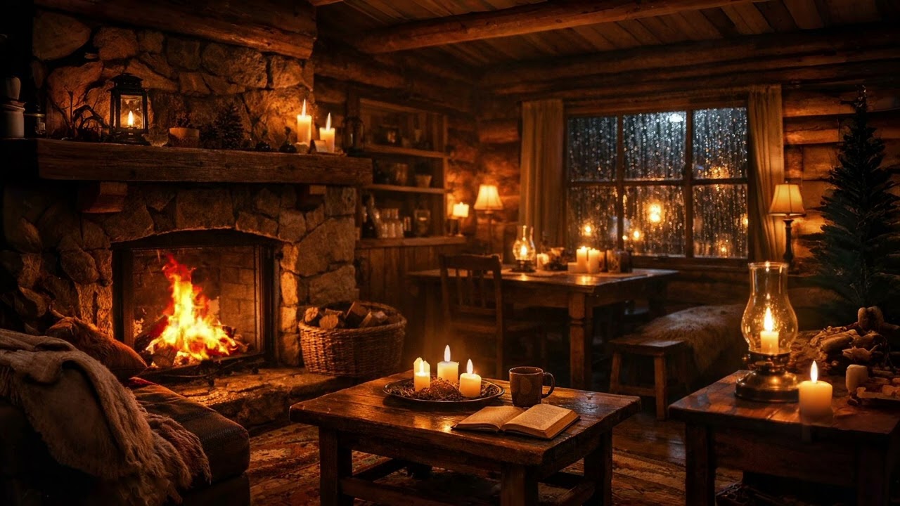 Relaxing Fireplace & Rain Sounds in a Wooden Cabin | Ambience for Sleeping