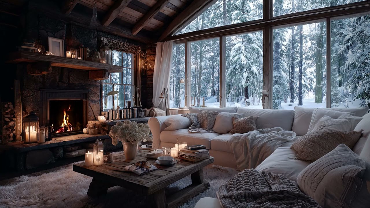 Peaceful Cabin Dreams: Soft Piano Melodies and Fireplace Sounds in a Snowy Landscape