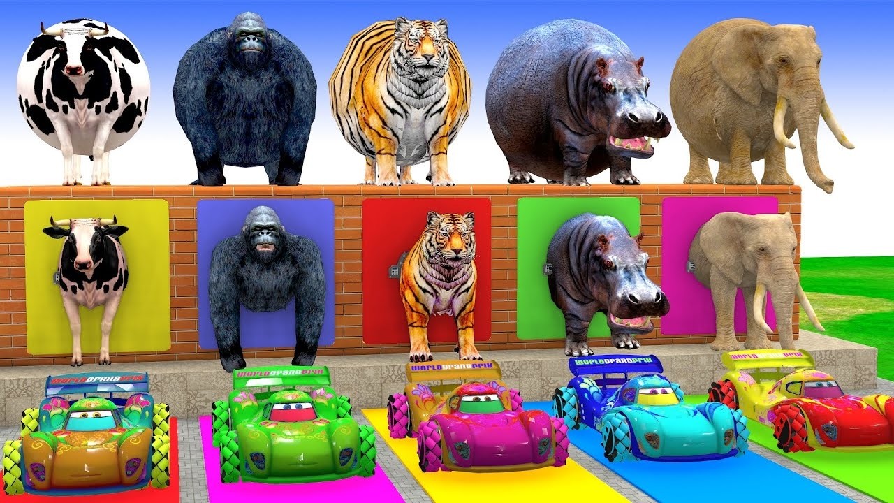 Long Slide Game With Cow Elephant Gorilla Hippopotamus Tiger 3d Animal Game Funny 3d AnimalsVideo