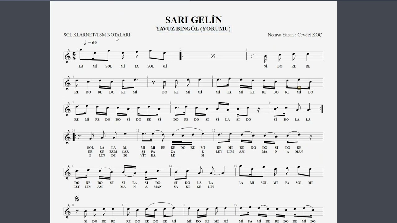 SARI GELİN YAVUZ BİNGÖL NOTA