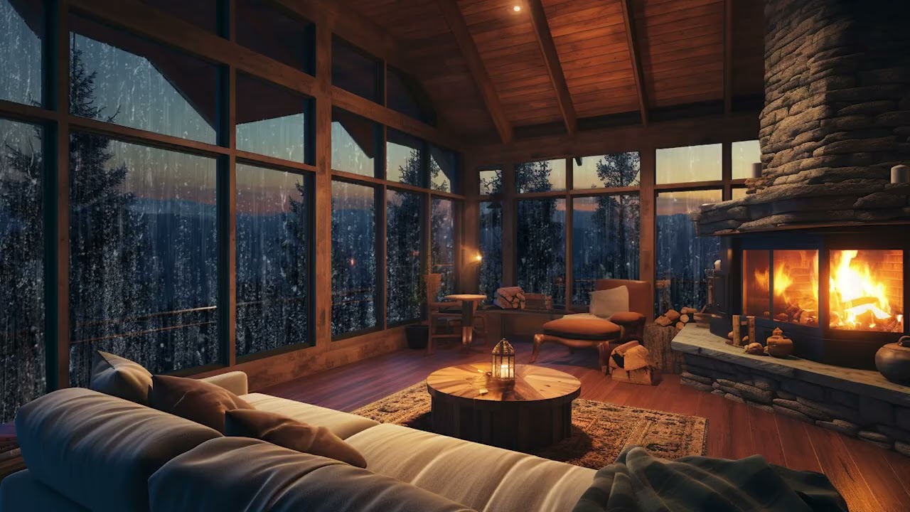 Relaxing Cabin Ambience with Heavy Rain and Crackling Fire for Peaceful Sleep and Calm Mind