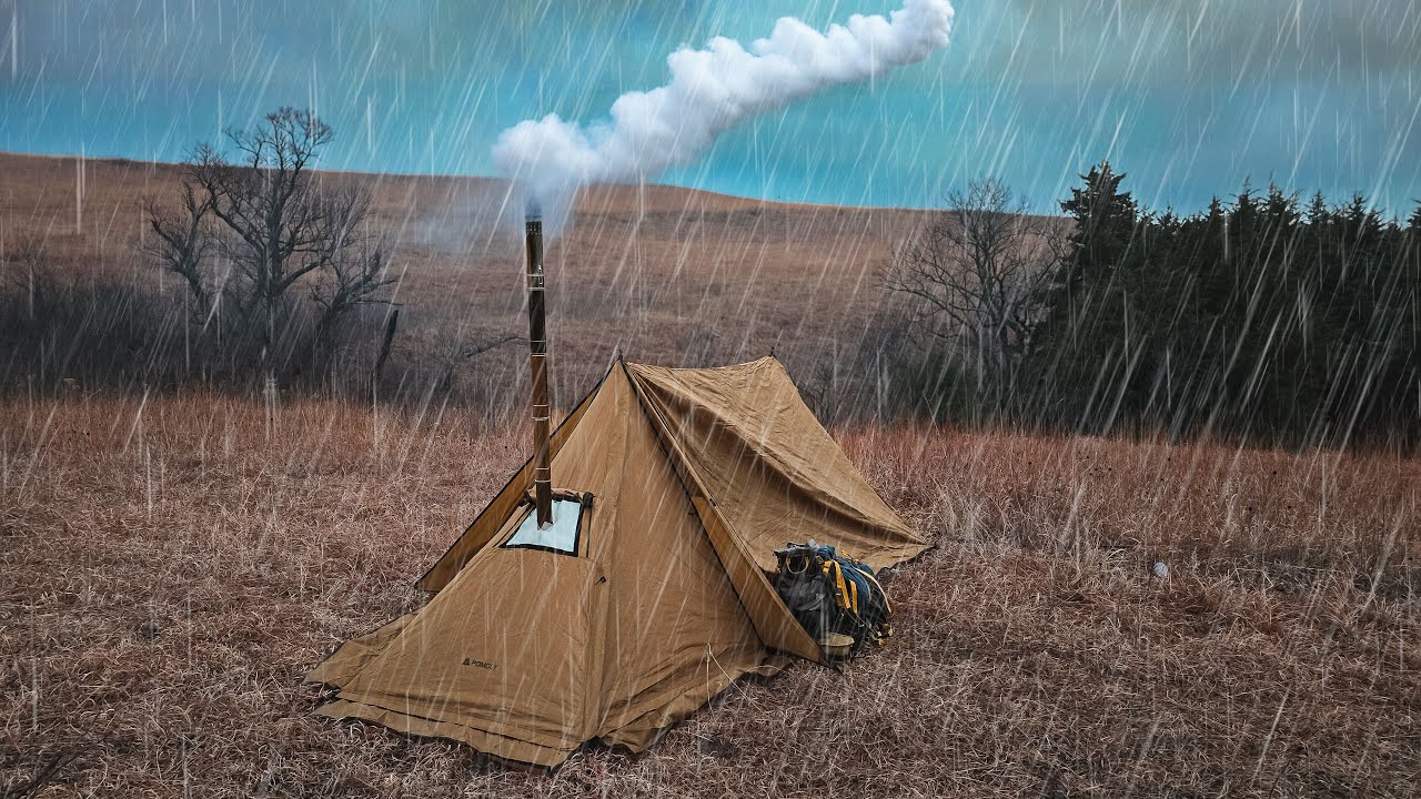 Camping In A Hot Tent  | Cold and Raining  | Pomoly Stovehut 70