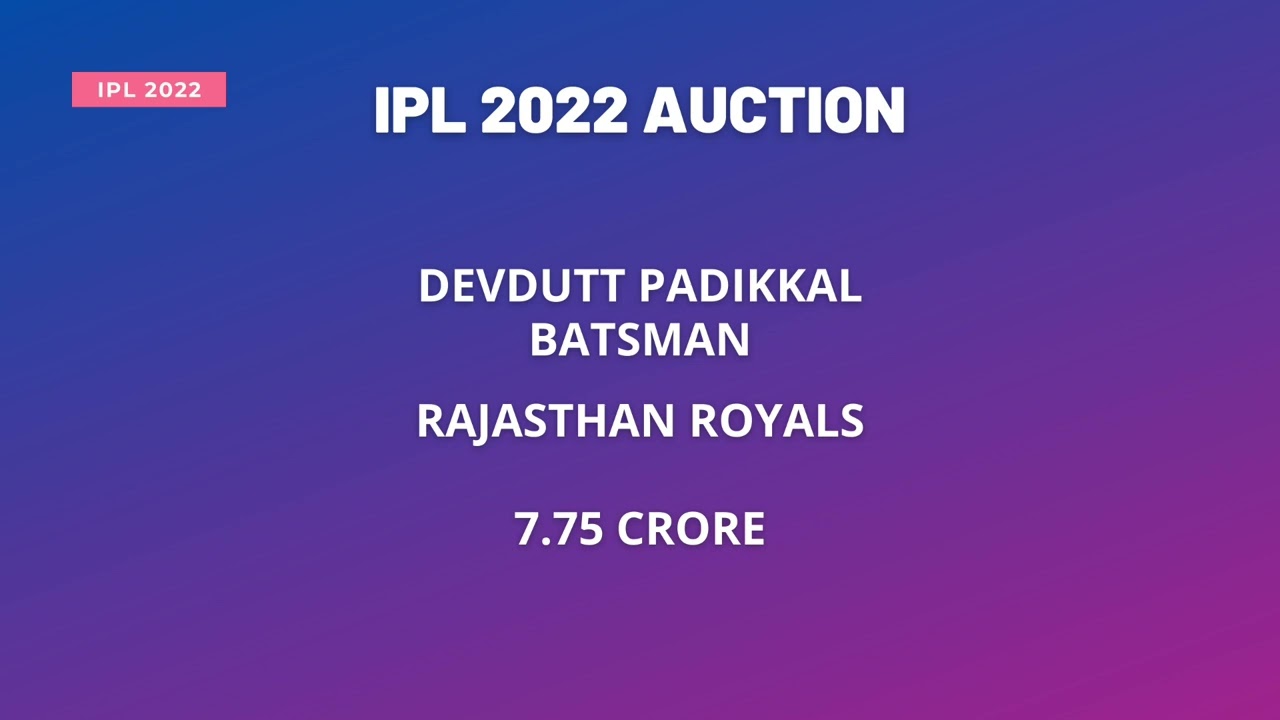 DEVDUTT PADIKKAL TO RAJASTHAN ROYALS IPL AUCTION 2022 | DEVDUTT PADIKKAL | RR | IPL AUCTION 2022