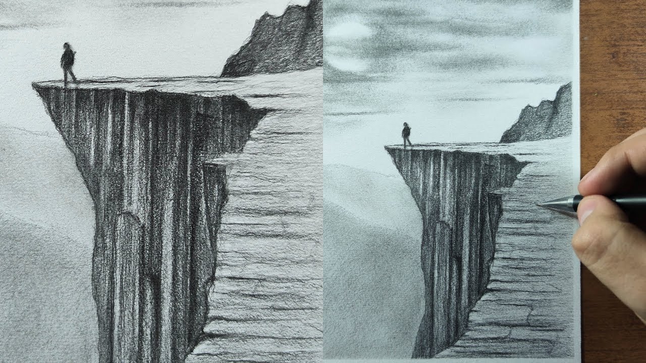 Cómo Dibujar un Acantilado o Montañas Realista a Lápiz (Paso a Paso) - PAISAJE
