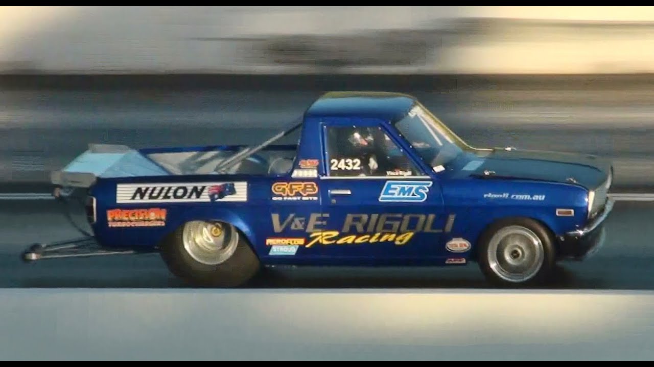 V&E RIGOLI DATSUN TURBO UTE 8.15 @ 159 MPH SYDNEY DRAGWAY 11.12.2013