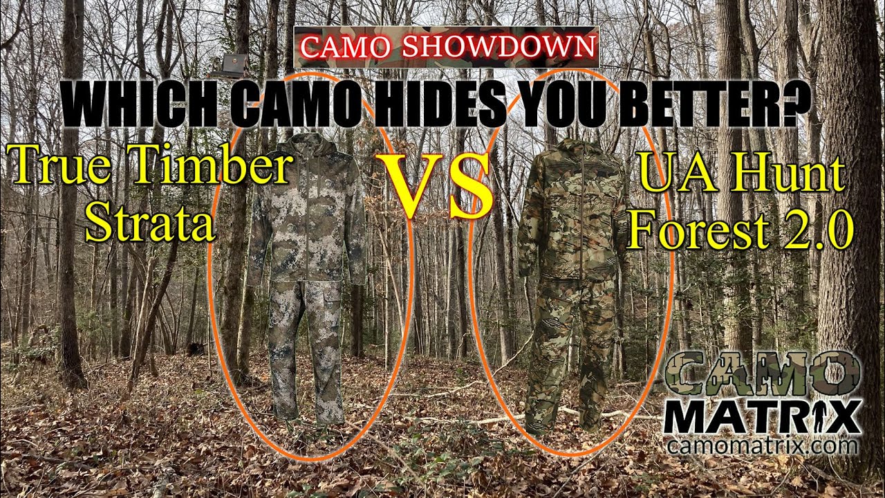 Compare True Timber Strata VS UA Hunt Forest 2.0 with simulated deer vision on 14 Backgrounds.