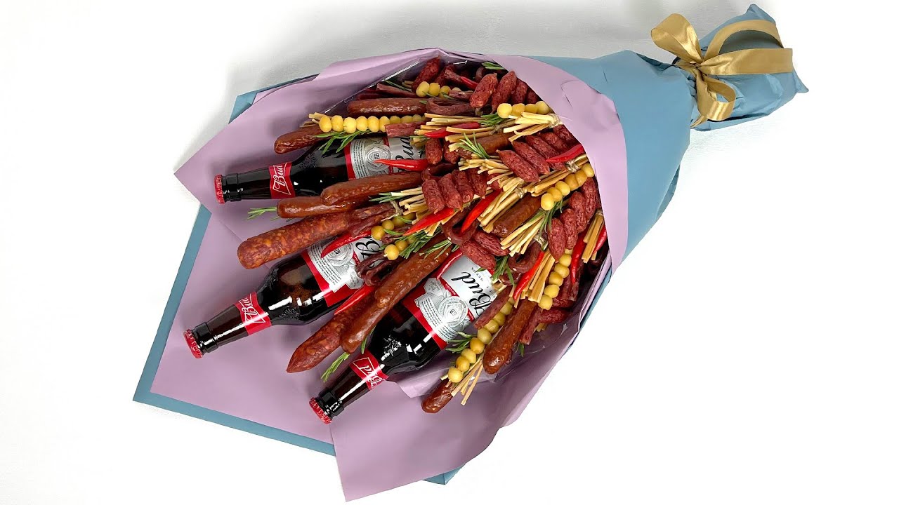Мясной букет для мужчин с бутылками пива || Пивной букет из еды || Bouquets for men DIY || Подарки
