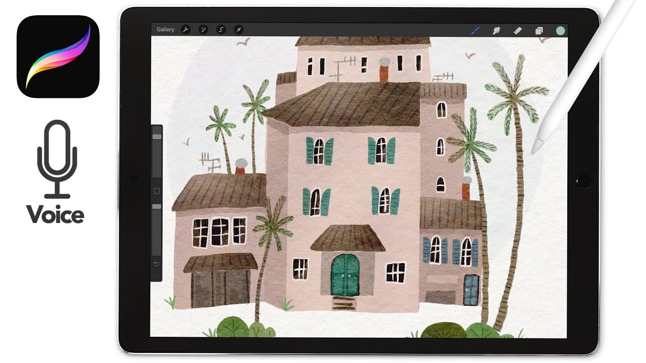 Cute Watercolor Town with palm Trees // Watercolor Tutorial for Procreate