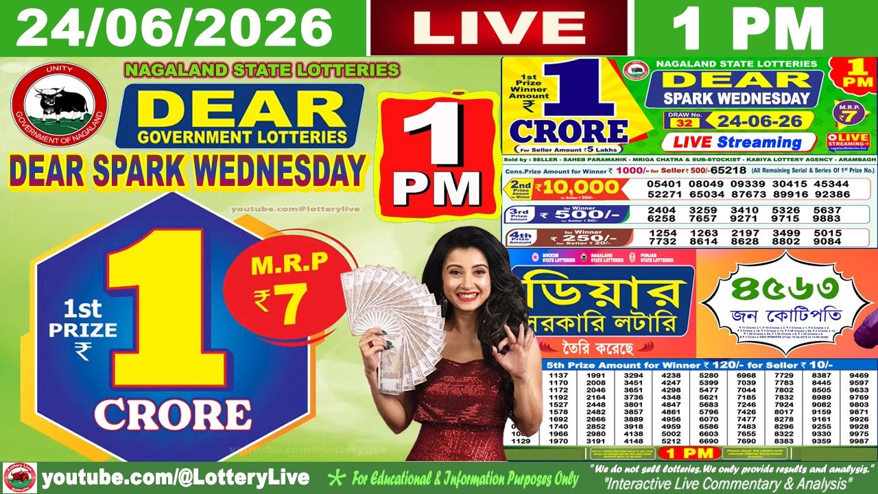 [LIVE] Lottery 1:00 PM Dear Nagaland state lottery live draw result 24.06.2026 | Lottery live