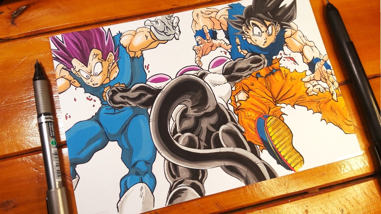 how to draw Goku Instinct and Vegeta Ego vs Frieza Black