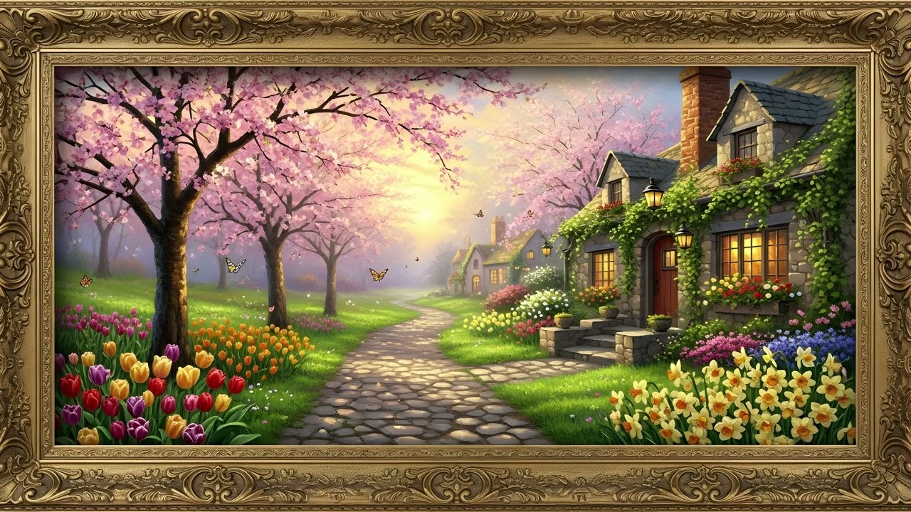 🌸 Relaxing Cottagecore Village Ambience 4K | Golden Hour Framed TV Art Painting