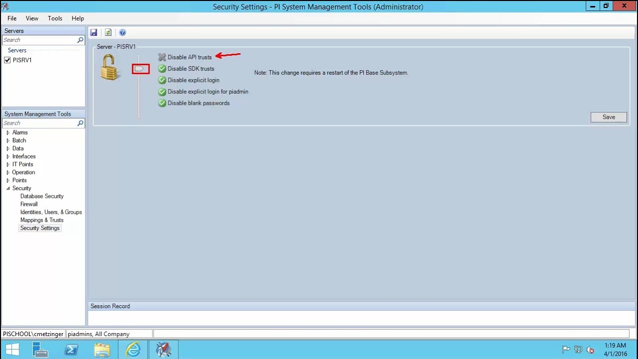 OSIsoft: Disable the Least Secure Authentication Options on Your PI Data Archive [v3.4.380 & later]