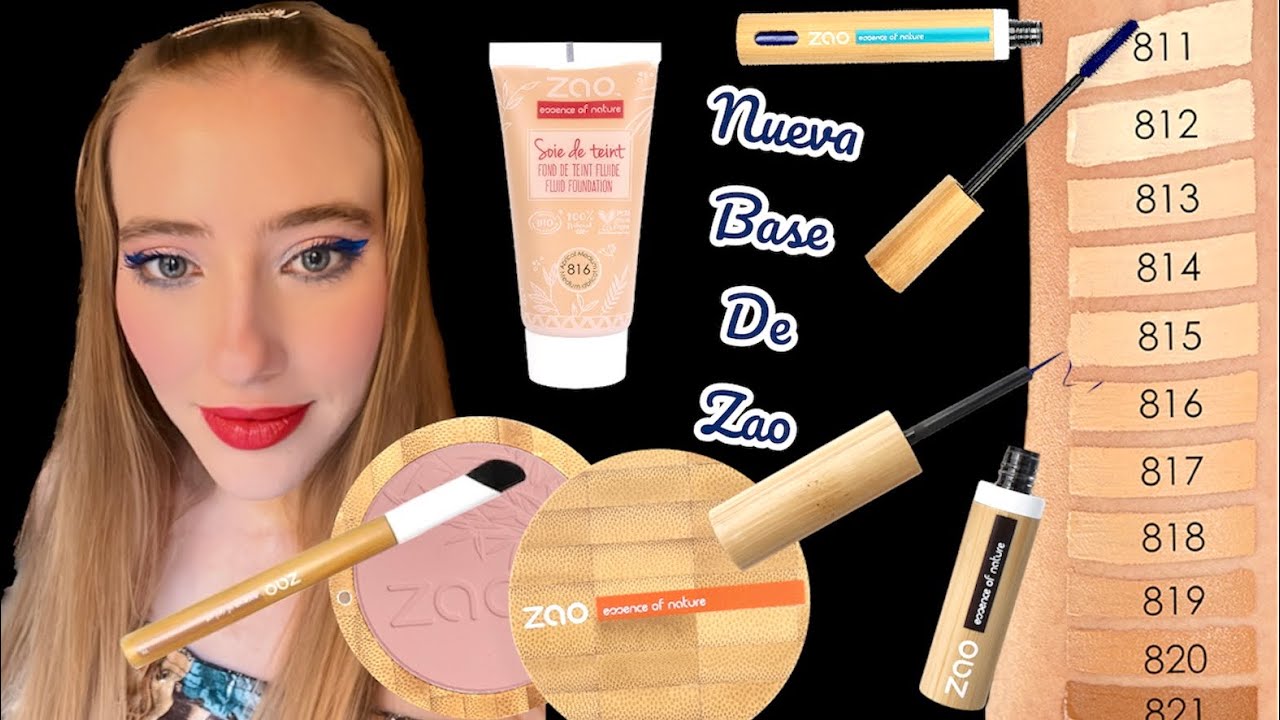 (Nueva base Zao Silk Foundation) colorete, delineador, máscara y brocha.