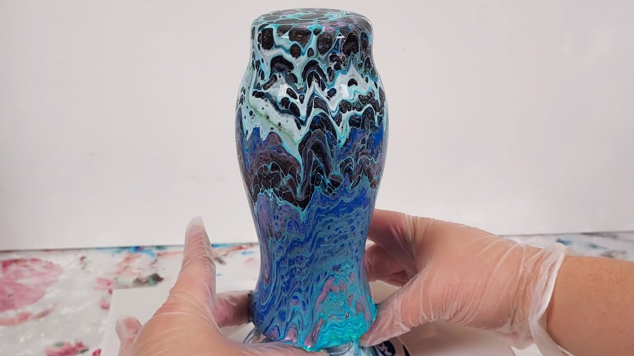 Blue Paint Pour Over A Glass Vase - With Lacing! #acrylicpouring