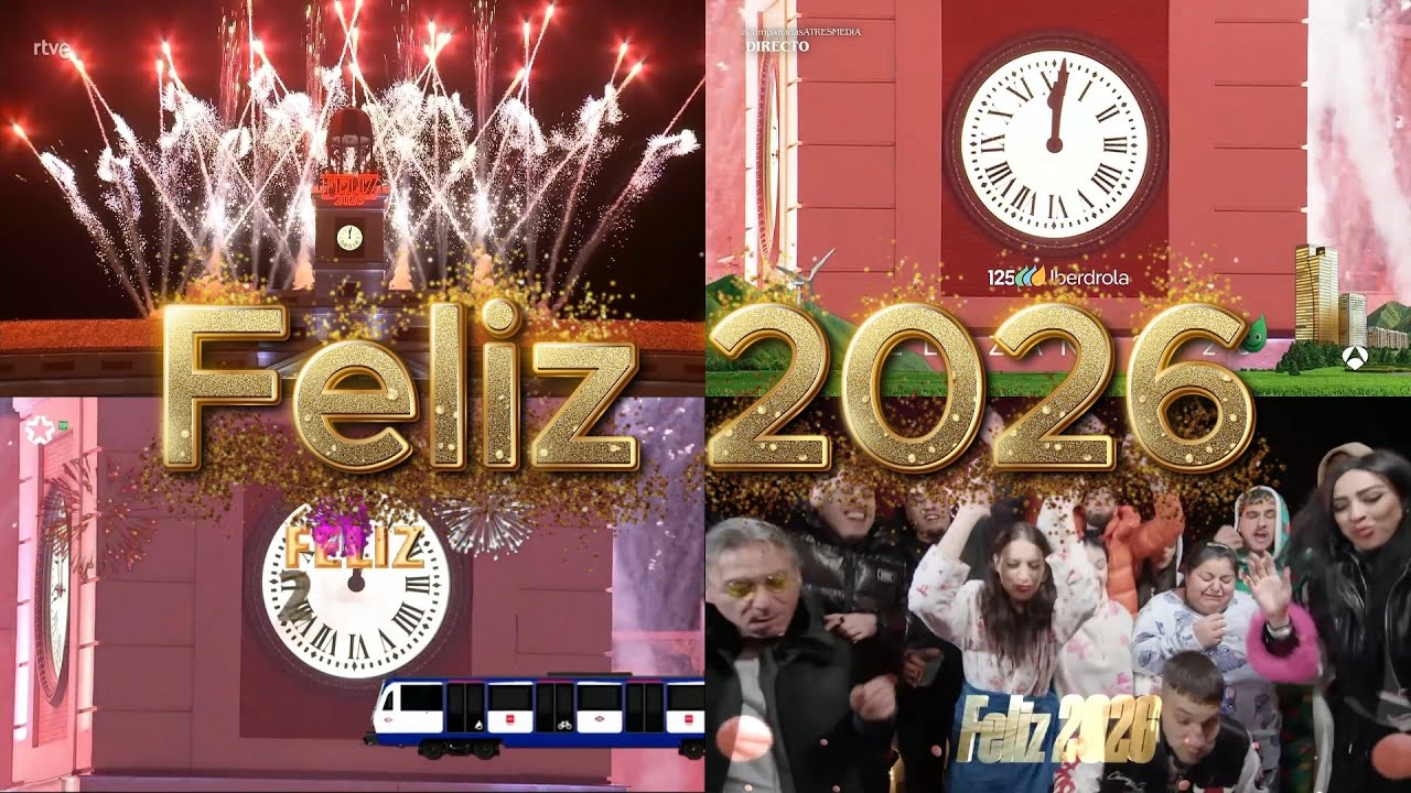 Campanadas 2025-2026 | RTVE, Antena 3, Telemadrid y La Casa de los Gemelos | 31/12/2025 - 01/01/2026
